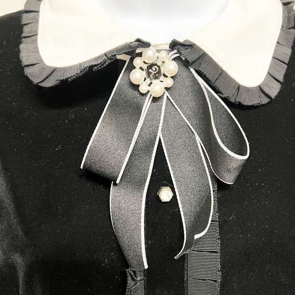 BURRYCO Womens Black Velvet Peter Pan Collar Embroidered Pocket A Line Dress - Picture 5 of 14